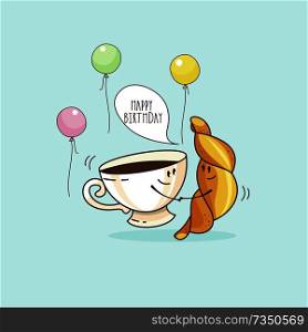 Happy birthday. Nice funny greeting card. A Cup of coffee and a croissant. Vector illustration.. Birthday cards. Cartoon style humor Vector illustration. Line graphics.