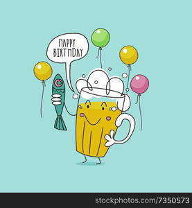 Happy birthday. Nice funny greeting card. Beer and fish. Vector illustration.. Birthday cards. Cartoon style humor Vector illustration. Line graphics.