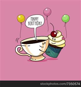 Happy birthday. Nice funny greeting card. Cup of coffee and cake. Vector illustration.. Birthday cards. Cartoon style humor Vector illustration. Line graphics.