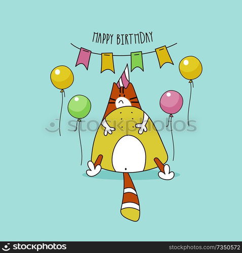 Happy birthday. Nice funny greeting card. Fat cat birthday boy. Vector illustration.. Birthday cards. Cartoon style humor Vector illustration. Line graphics.