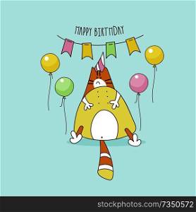 Happy birthday. Nice funny greeting card. Fat cat birthday boy. Vector illustration.. Birthday cards. Cartoon style humor Vector illustration. Line graphics.