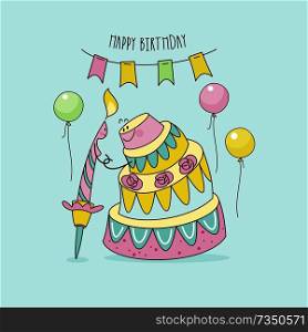 Happy birthday. Nice funny greeting card. Festive candle and birthday cake go on a date. Vector illustration.. Birthday cards. Cartoon style humor Vector illustration. Line graphics.