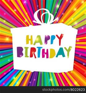 Happy Birthday on colorful rays with gift box. Vector Template
