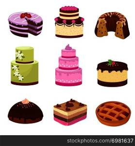 Happy birthday party cakes with decorations isolated on white. Cartoon sweet desserts vector set. Cake to birthday party and celebration, cartoon decoration sweet cake illustration. Happy birthday party cakes with decorations isolated on white. Cartoon sweet desserts vector set