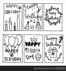 Happy Birthday Party cards set, lettering text. Vector hand drawn illustration.