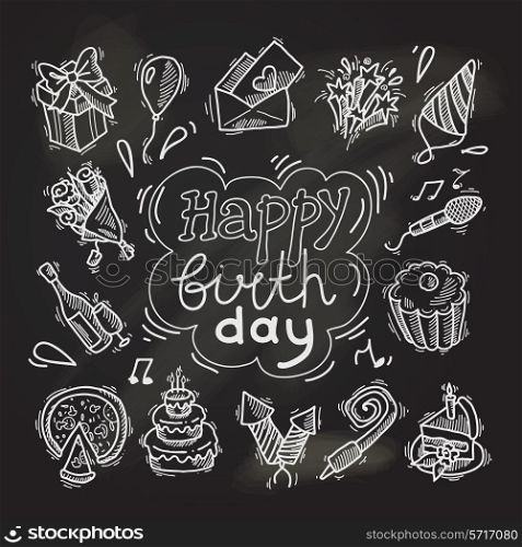 Happy birthday party celebration chalkboard decorative elements set with gift box balloon invitation envelope isolated vector illustration