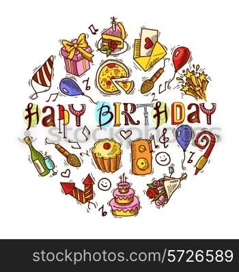 Happy birthday party celebration colored decorative elements set in circle shape vector illustration
