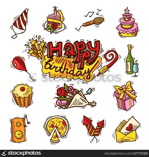 Happy birthday party celebration sketch decorative elements set with cake microphone balloon isolated vector illustration