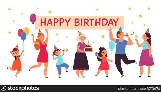 Happy birthday party concept. Family event, people celebrate and congratulate. Happy person with gift and cake decent vector festive banner. Illustration party birthday, happy celebration. Happy birthday party concept. Family event, people celebrate and congratulate. Happy person with gift and cake decent vector festive banner