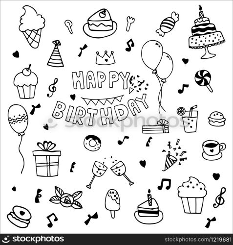 Happy Birthday party elements vector set. Hand drawn of birthday party decoration.