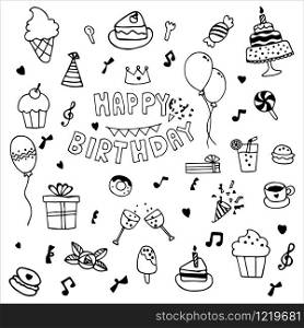 Happy Birthday party elements vector set. Hand drawn of birthday party decoration.