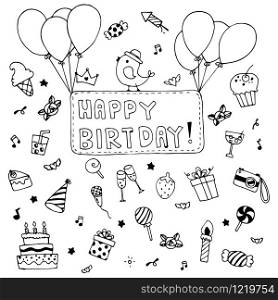 Happy Birthday party elements vector set. Hand drawn of birthday party decoration.