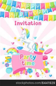 Happy birthday party invitation with unicorn and fantasy items. Happy birthday party invitation with unicorn and fantasy items.