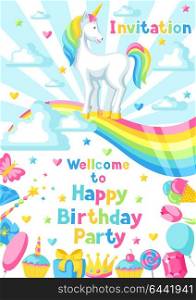 Happy birthday party invitation with unicorn and fantasy items. Happy birthday party invitation with unicorn and fantasy items.