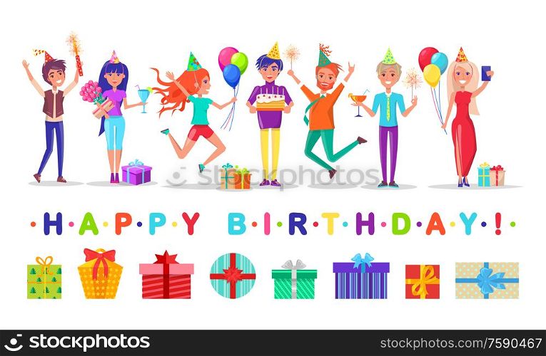 Happy birthday party, present boxes and guests vector. Men and women in festive hats with sparlers and balloons, cocktails and bouquets, cake and postcard. Present Boxes and Guests, Happy Birthday Party