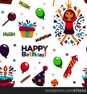 Happy birthday party with balloons seamless pattern vector. Small female girl wearing crown celebrating holiday, present box with ribbon cake with fired candle, bakery with cream. Candy and lollipop. Happy birthday party with balloons seamless pattern vector.