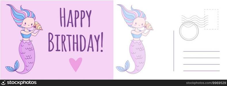 Happy Birthday postcard. Holiday card with little mermaid, cute underwater princess with fish tail letter template with congratulate text kids birthday party greeting cards vector cartoon illustration. Happy Birthday postcard. Holiday card with mermaid, underwater princess with fish tail letter template with congratulate text kids birthday party greeting cards vector cartoon illustration