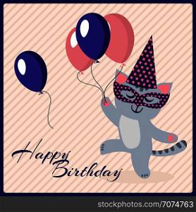 Happy birthday postcard template with cute masquerade cat and balloons. Happy birthday postcard template with cute masquerade cat