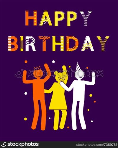 Happy Birthday postcard with human silhouettes that dance in cone festive caps among confetti cartoon flat vector illustration on purple background.. Happy Birthday Postcard with Human Silhouettes