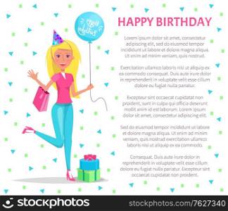 Happy birthday poster, blonde woman do shopping for birthday party. Girl with bag and balloon, gift boxes, in festive cap. Female ready to wish happy anniversary vector. Happy Birthday Poster, Blonde Woman Do Shopping