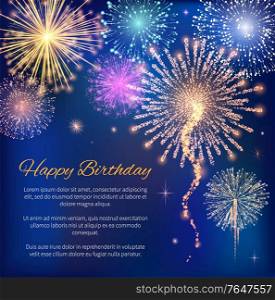 Happy Birthday poster decorated by fireworks symbols on blue glossy background. Postcard with template lettering and colorful sparkles. Congratulation festive card on B-day with salute vector. B-day Greeting Card with Fireworks Sign Vector