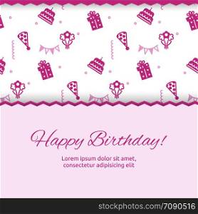 Happy Birthday poster design. Birthday party banner and poster with cute pink pattern. Vector illustration. Happy Birthday poster design. Birthday party banner with cute pink pattern