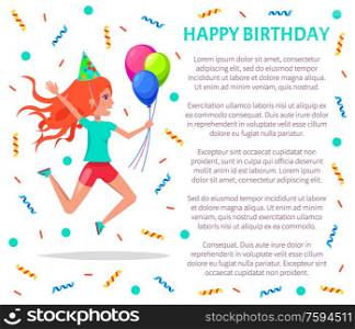 Happy birthday poster, teenage girl in festive hat jumping and celebrating party. Vector woman with air balloons leaping from joy, tinsels and text sample. Happy Birthday Poster, Teenage Girl in Festive Hat