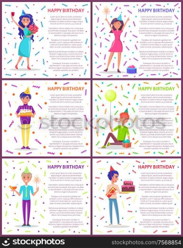 Happy birthday poster with text sample, partying people happily jumping and celebrating. Male with cake and candles, dessert and cocktail in glass. Happy Birthday Poster with Text, Partying People