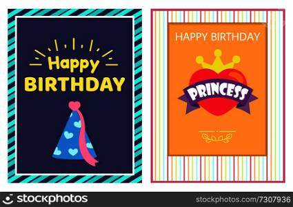 Happy birthday princess cards vector illustration with striped multicolored frames, festive cone with pink ribbon and hearts, bright golden crown. Happy Birthday Princess Cards Vector Illustration