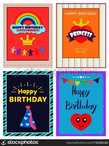 Happy Birthday princess, posters collection, rainbow and headline with men, heart and crown, celebration cap, isolated on vector illustration. Happy Birthday Princess Poster Vector Illustration