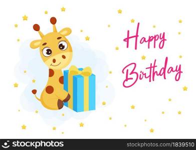 Happy Birthday printable party greeting card template with cute little giraffe sitting with gift box. Bright colored stock vector illustration