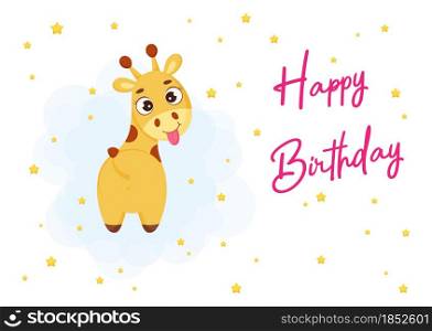 Happy Birthday printable party greeting card with cute little giraffe. Birthday party invitation card template. Bright colored stock vector illustration