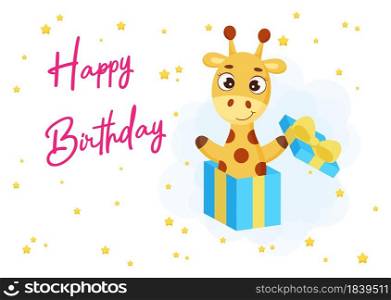 Happy Birthday printable party greeting card with cute little giraffe jumping from gift box. Birthday party invitation card template. Bright colored stock vector illustration