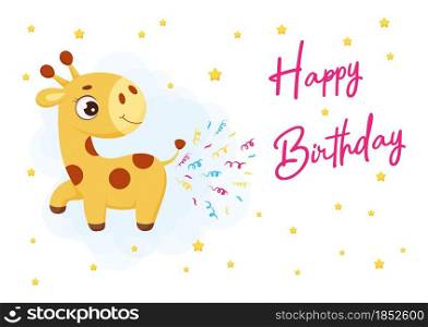 Happy Birthday printable party greeting card with cute little giraffe pooping confetti. Birthday party invitation card template. Bright colored stock vector illustration