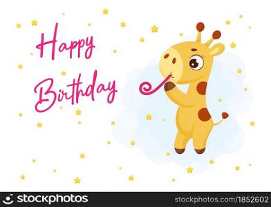 Happy Birthday printable party greeting card with cute little giraffe with celebration pipe. Birthday party invitation card template. Bright colored stock vector illustration