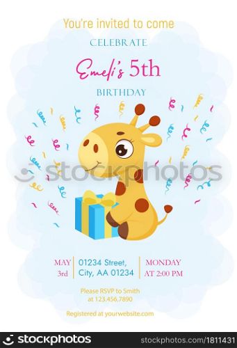 Happy Birthday printable party invitation card template. Event template with cute little giraffe sitting with gift box. Bright colored stock vector illustration