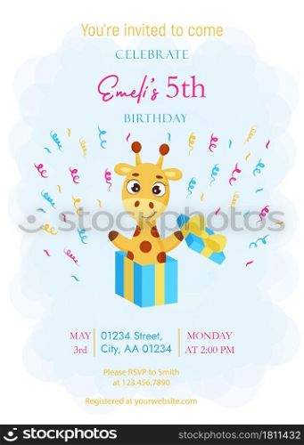 Happy Birthday printable party invitation card template. Event template with cute little giraffe jumping from gift box. Bright colored stock vector illustration