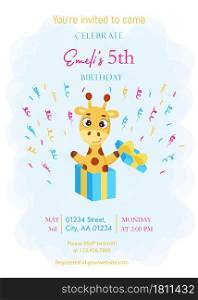 Happy Birthday printable party invitation card template. Event template with cute little giraffe jumping from gift box. Bright colored stock vector illustration