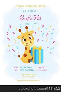 Happy Birthday printable party invitation card template. Event template with cute little giraffe sitting with gift box. Bright colored stock vector illustration
