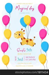 Happy Birthday printable party invitation card template. Event template with cute little giraffe flying on balloons. Bright colored stock vector illustration