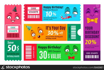 Happy birthday promo voucher. Anniversary coupon, happy gift vouchers and smiling promo code coupons template. Kawaii manga face birthday shopping certificate. Isolated vector symbols set. Happy birthday promo voucher. Anniversary coupon, happy gift vouchers and smiling promo code coupons template vector set