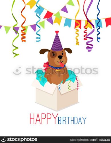Happy birthday puppy in box. Birthday card with puppy dog pack gift vector illustration. Happy birthday puppy in box card