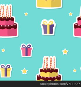 Happy Birthday Seamless Pattern Background with Cake and Gift Box. Vector Illustration EPS10. Happy Birthday Seamless Pattern Background with Cake and Gift Box. Vector Illustration