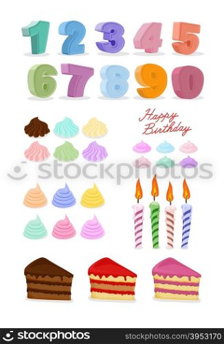 Happy birthday set. Cake, candles, figures. Vector illustration