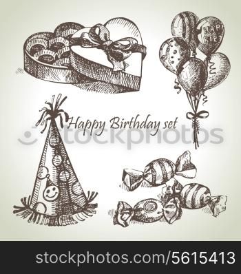 Happy Birthday set, hand drawn illustrations