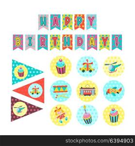Happy birthday. Set of vector elements for decoration party birthday. Flags, stickers with the image of cakes with candles, toys, gifts.