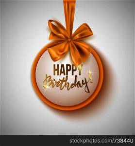 Happy birthday text on realistic gold tag with decorative ribbon bow, vector illustration