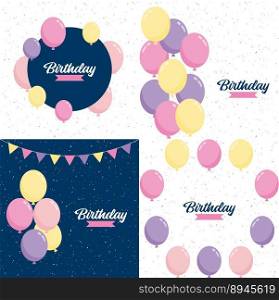 Happy Birthday text with a realistic balloon and vector illustration of a celebration balloon with a colorful flag background includes anniversary birthday light bokeh and glitter