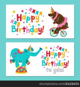 Happy birthday. The invitation to the birthday in the style of a circus show. Vector illustration.