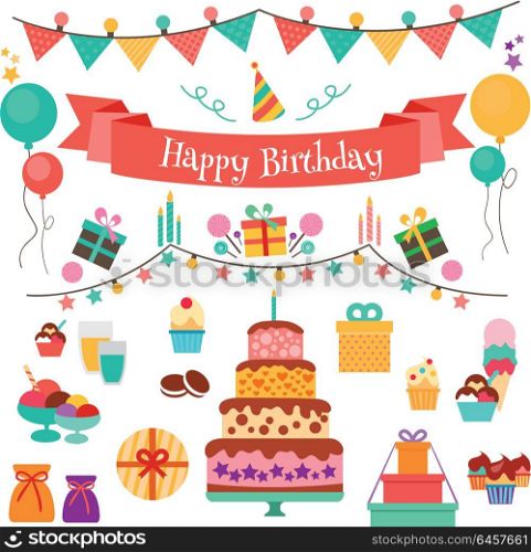 Happy Birthday Vector Flat Design Icons Set. Happy Birthday vector concept. Set of birthday holiday icons and symbols in flat style design. Cake, gifts, ice-cream, candles color flags and balloons illustrations for celebrating invitations.